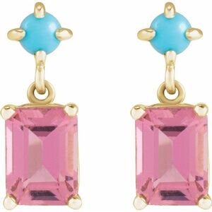 14K Yellow Natural Pink Tourmaline & Natural Turquoise Earrings